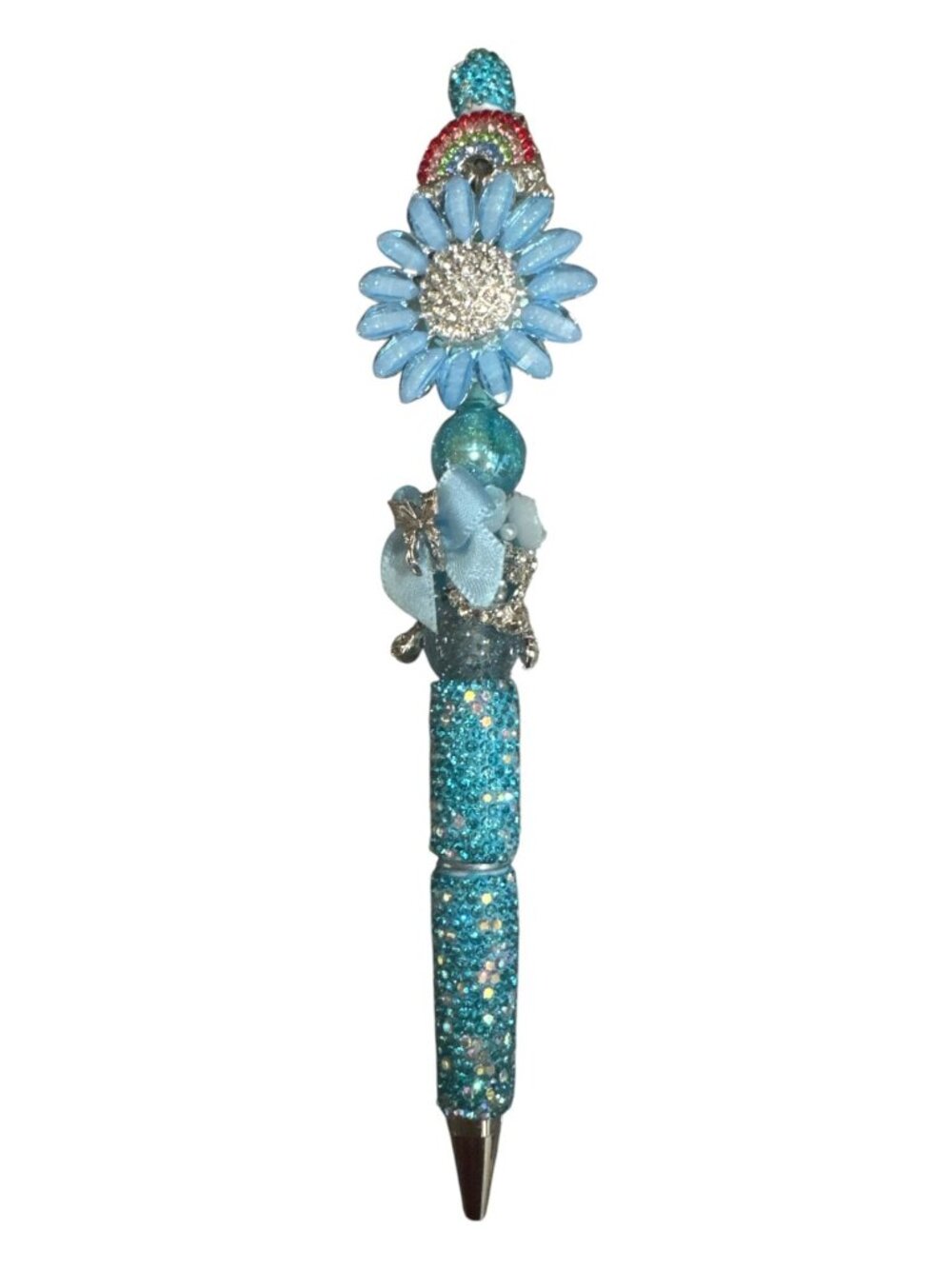 Glittery Blue Daisy & Rainbow Decorative Ballpoint Pen With Rhinestones